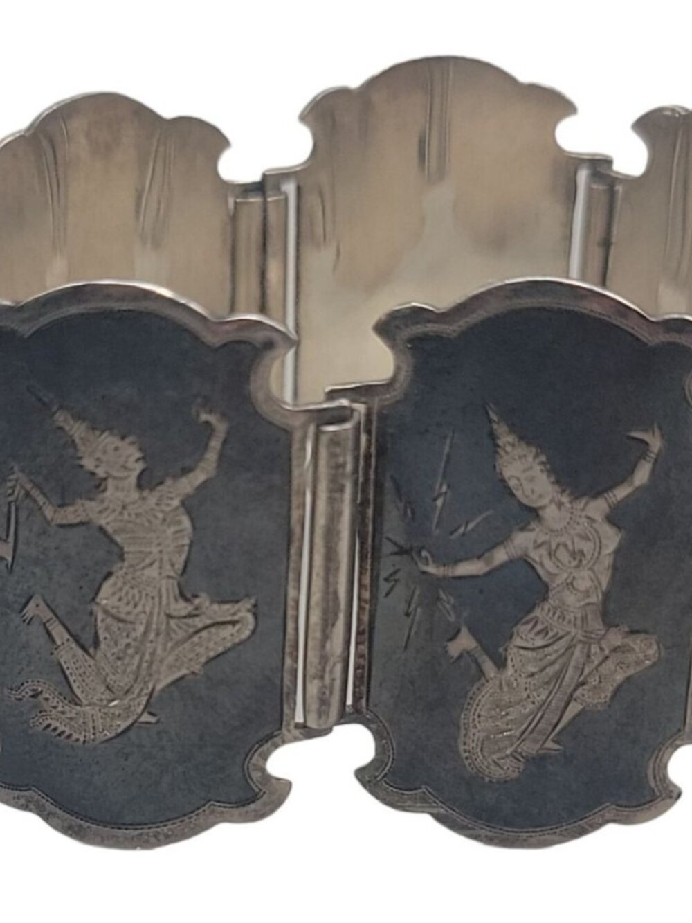 Siam Sterling Silver Bracelet 925 Niello Hindu Goddess Enamel Hinged Panel SZ 7 - Picture 4 of 16